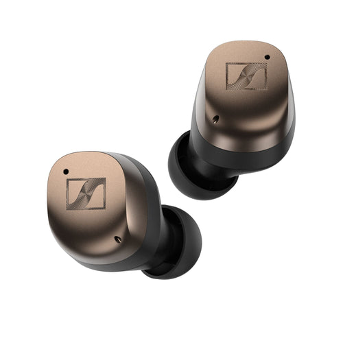 A pair of Sennheiser MOMENTUM True Wireless 4 in-ear headphones in a bronze color.